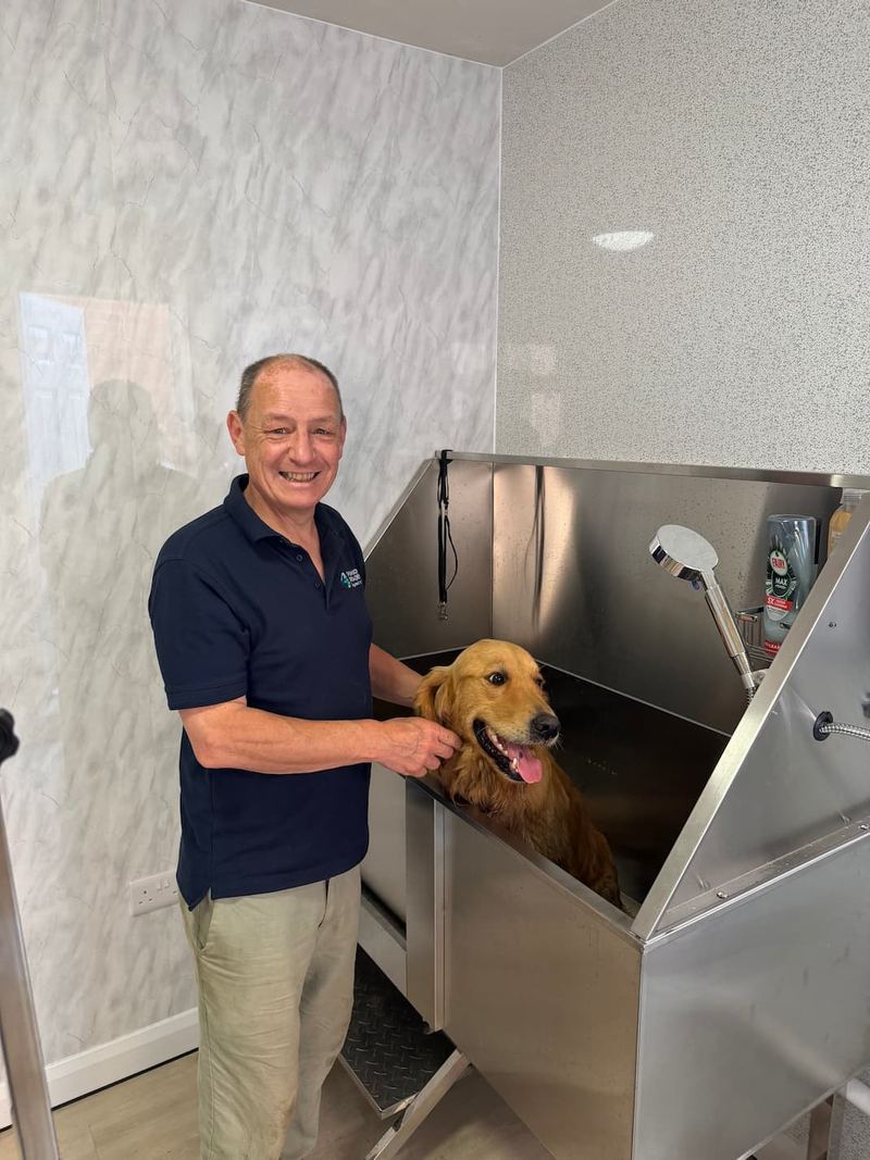 Keith Kershaw with a golden retriever in his home grooming salon